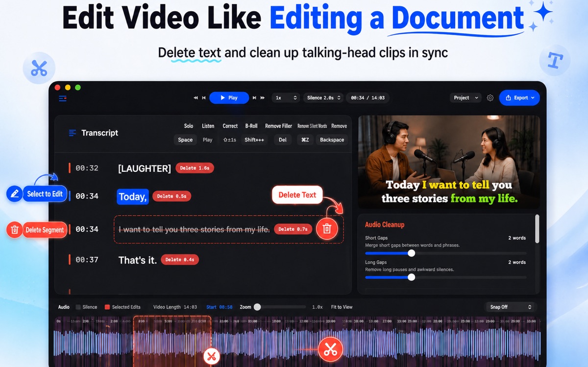 TextCut Mac app screenshot showing a talking-video workflow